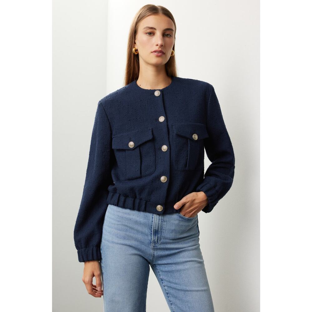 Maje Navy Blue Collarless Button Front Jacket